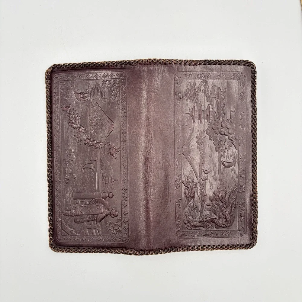 Vintage Embossed Leather Wallet Japanese Japan Map Dragon Bi-fold Dark Brown